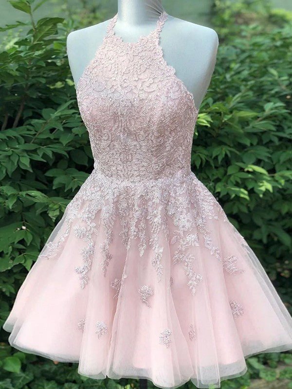 Vestidos cortos/mini de corte A/princesa con apliques de tul y cuello halter sin mangas